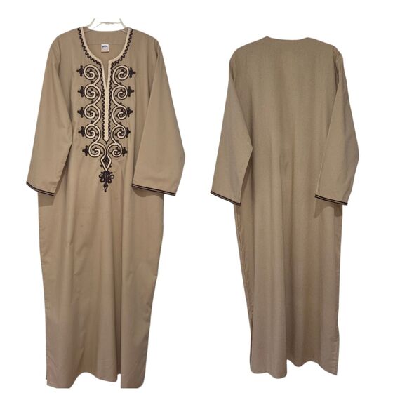 Khatab Egyptian Cotton Kaftan Dress XXL Tan with Brown Trim And Embroidery Boho - Picture 1 of 10